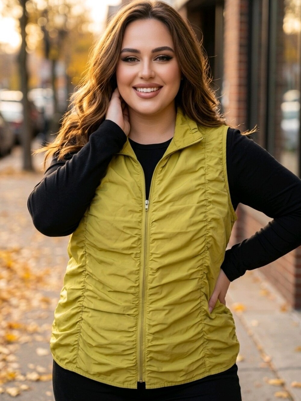 SUN KIM Outerwear Full Zip Cargo Vest Chartreuse bubble balloon style Sz XL